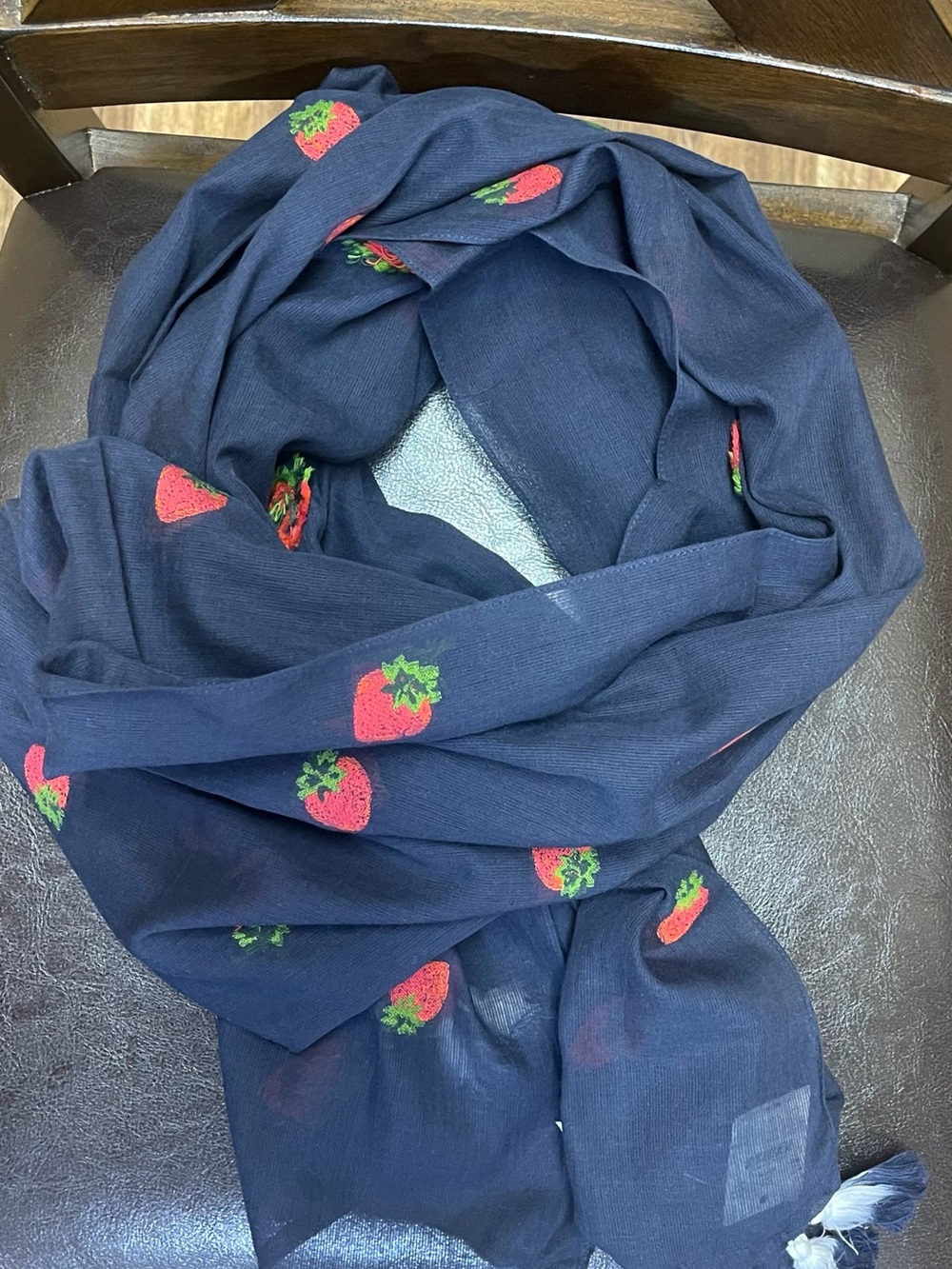 J. Crew Cotton Scarf Embroidered Strawberry Pattern Red Navy Blue NWT One Size